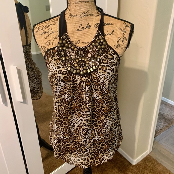 Bebe leopard print silk halter , w detailed beading work size small - Picture 1 of 9